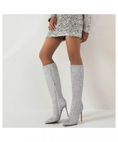 Women Sparkly Glitter Knee High Boots Pointed Toe Stiletto High Heel Sequin Boots Silver $37.71 Boots