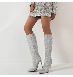 Women Sparkly Glitter Knee High Boots Pointed Toe Stiletto High Heel Sequin Boots Silver $37.71 Boots