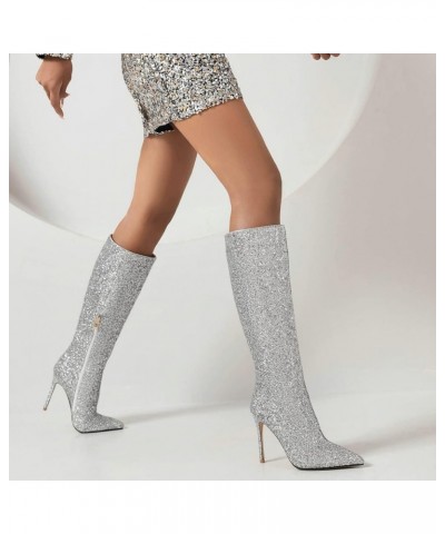 Women Sparkly Glitter Knee High Boots Pointed Toe Stiletto High Heel Sequin Boots Silver $37.71 Boots