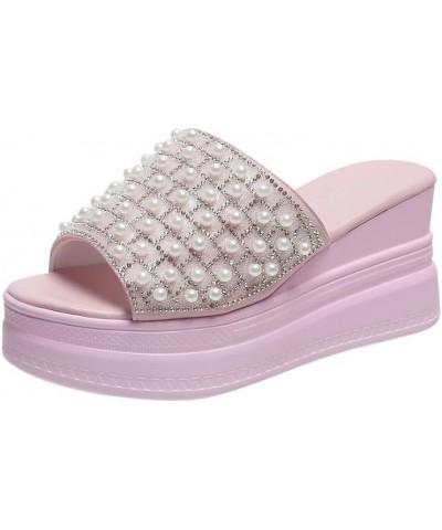 Sequin Pearl Platform Slippers Summer Women 2024 Fashion Outdoor Work Beach Sandals Cute Sandals Non-slip Soles Pink $13.60 S...