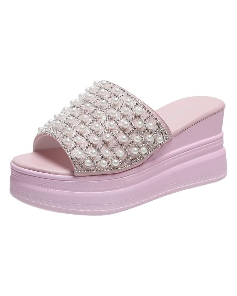 Sequin Pearl Platform Slippers Summer Women 2024 Fashion Outdoor Work Beach Sandals Cute Sandals Non-slip Soles Pink $13.60 S...