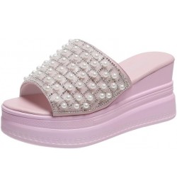 Sequin Pearl Platform Slippers Summer Women 2024 Fashion Outdoor Work Beach Sandals Cute Sandals Non-slip Soles Pink $13.60 S...