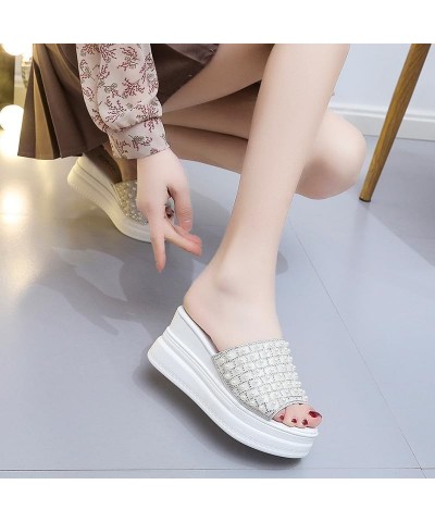 Sequin Pearl Platform Slippers Summer Women 2024 Fashion Outdoor Work Beach Sandals Cute Sandals Non-slip Soles Pink $13.60 S...