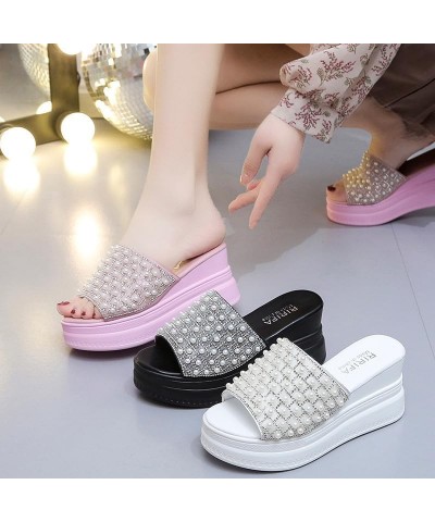 Sequin Pearl Platform Slippers Summer Women 2024 Fashion Outdoor Work Beach Sandals Cute Sandals Non-slip Soles Pink $13.60 S...