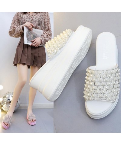 Sequin Pearl Platform Slippers Summer Women 2024 Fashion Outdoor Work Beach Sandals Cute Sandals Non-slip Soles Pink $13.60 S...