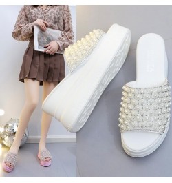 Sequin Pearl Platform Slippers Summer Women 2024 Fashion Outdoor Work Beach Sandals Cute Sandals Non-slip Soles Pink $13.60 S...