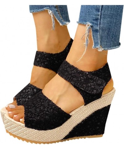 Women's Open Toe Elastic Strappy Espadrille Low Wedge Heeled Casual Sandal Thong T-Strap Slip-on Shoes 151-hyems-g-black $9.9...