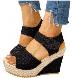 Women's Open Toe Elastic Strappy Espadrille Low Wedge Heeled Casual Sandal Thong T-Strap Slip-on Shoes 151-hyems-g-black $9.9...