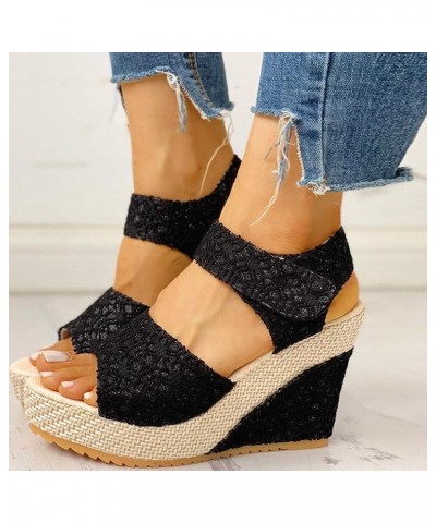 Women's Open Toe Elastic Strappy Espadrille Low Wedge Heeled Casual Sandal Thong T-Strap Slip-on Shoes 151-hyems-g-black $9.9...