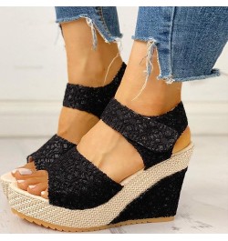 Women's Open Toe Elastic Strappy Espadrille Low Wedge Heeled Casual Sandal Thong T-Strap Slip-on Shoes 151-hyems-g-black $9.9...