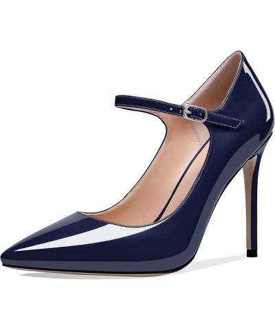 Women's Pointed Toe Mary Jane Pumps High Heel Shoe with Ankle Strap Dark Blue $34.03 Pumps