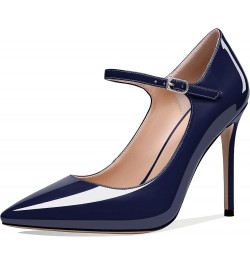 Women's Pointed Toe Mary Jane Pumps High Heel Shoe with Ankle Strap Dark Blue $34.03 Pumps