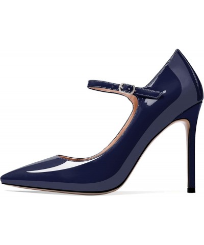 Women's Pointed Toe Mary Jane Pumps High Heel Shoe with Ankle Strap Dark Blue $34.03 Pumps