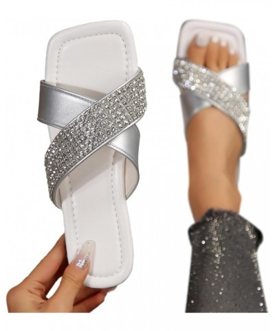 Sandals for Women Flat Wedge Ladies Casual Simple Shiny Rhinestone One Strap Beach Womens Arch Support Sandals Size 9 White $...