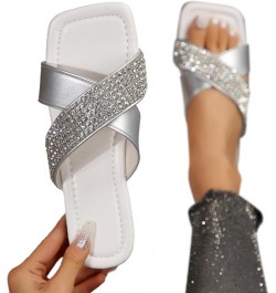 Sandals for Women Flat Wedge Ladies Casual Simple Shiny Rhinestone One Strap Beach Womens Arch Support Sandals Size 9 White $...