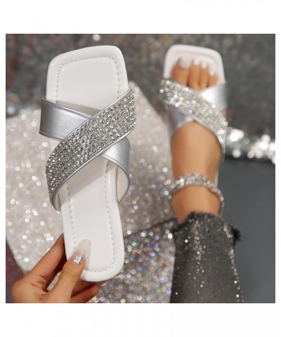 Sandals for Women Flat Wedge Ladies Casual Simple Shiny Rhinestone One Strap Beach Womens Arch Support Sandals Size 9 White $...