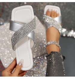 Sandals for Women Flat Wedge Ladies Casual Simple Shiny Rhinestone One Strap Beach Womens Arch Support Sandals Size 9 White $...