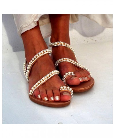 Light Toe Comfortable Beaded Flat Breathable Shoe Roman Women Beach Open Sandals Women's for Women Sandals 81/2 Wide White $1...