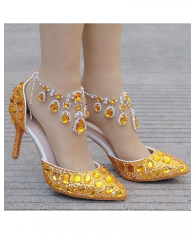 Womens Rhinestone Wedding Shoes Party Pumps with Ankle Chains Mz8114 Gold 9cm Heel $32.93 Pumps