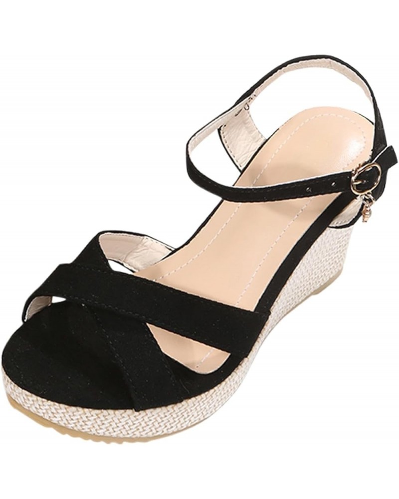 Women'S Wedge Platform Sandals Open Toe Buckle Ankle Strap Espadrilles Flatform Wedge Casual Sandal Beach Sandals-02-black $3...