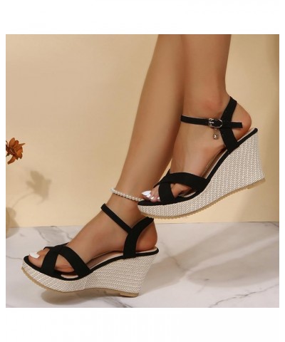 Women'S Wedge Platform Sandals Open Toe Buckle Ankle Strap Espadrilles Flatform Wedge Casual Sandal Beach Sandals-02-black $3...