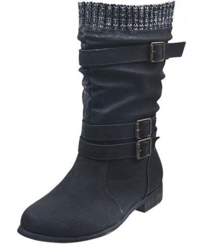 Retro Women Chunky Heels Buckle Strap Middle Tube Booties Round Toe Boots Z 03-black $22.89 Outdoor Shoes