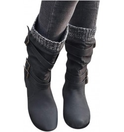 Retro Women Chunky Heels Buckle Strap Middle Tube Booties Round Toe Boots Z 03-black $22.89 Outdoor Shoes