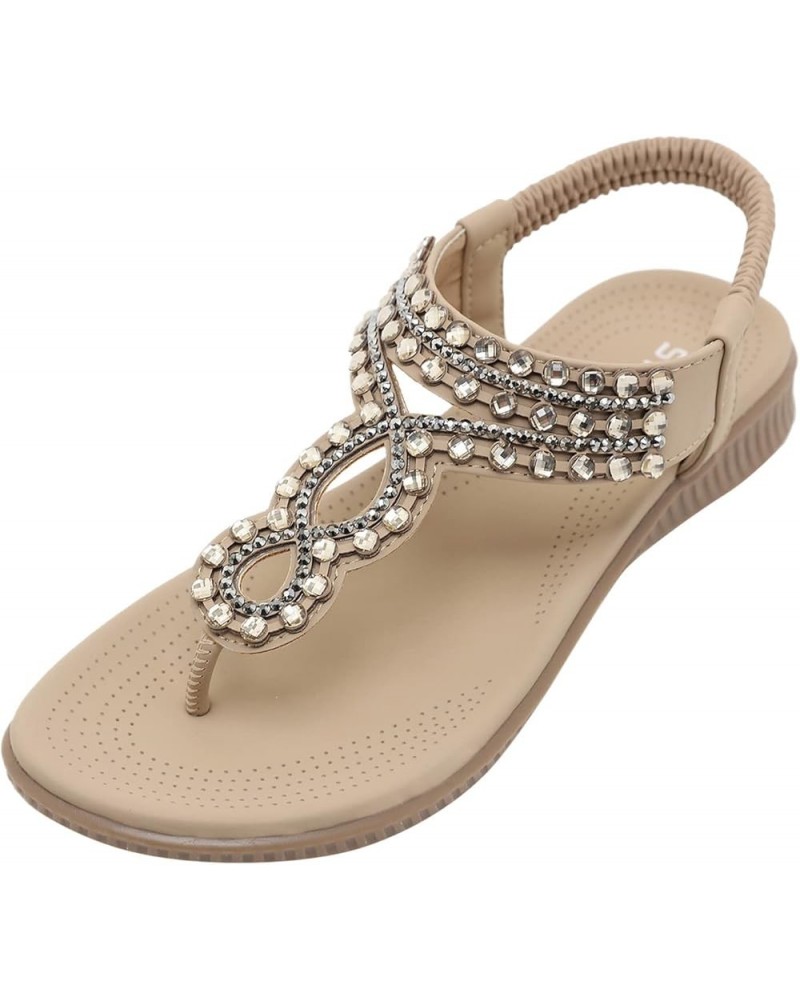 Ladies Fashion Summer Rhinestone Elastic Band Flat Flip Flops Outer Slide Sandals for Women Flat Rhinestones Open Toe T02-bei...