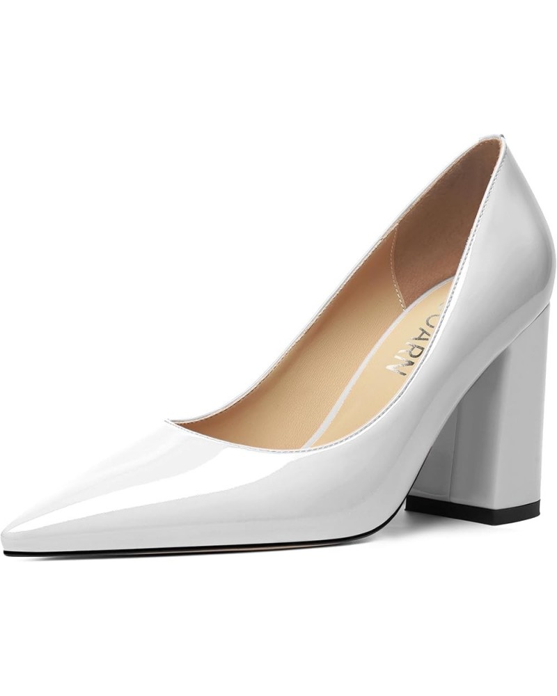 Womens Business Solid Dress Pointed Toe Slip On Patent Block High Heel Pumps Shoes 3.3 Inch White $22.94 Pumps