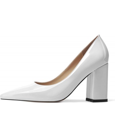 Womens Business Solid Dress Pointed Toe Slip On Patent Block High Heel Pumps Shoes 3.3 Inch White $22.94 Pumps