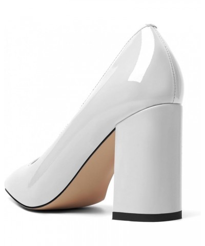 Womens Business Solid Dress Pointed Toe Slip On Patent Block High Heel Pumps Shoes 3.3 Inch White $22.94 Pumps