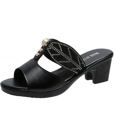 Women Slip on Stylish Dress Sandals Cut out Rhinestone Open Toe Slippers Chunky Mid Heel Backless Walking Shoes Black $29.09 ...