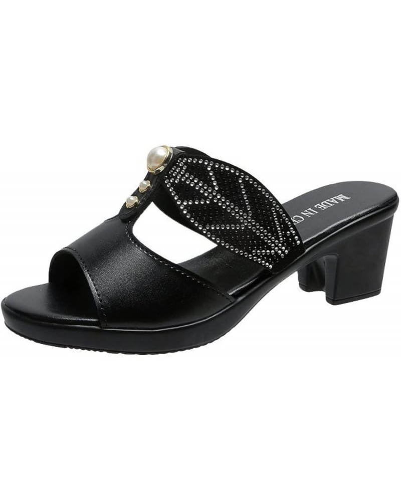 Women Slip on Stylish Dress Sandals Cut out Rhinestone Open Toe Slippers Chunky Mid Heel Backless Walking Shoes Black $29.09 ...