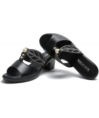 Women Slip on Stylish Dress Sandals Cut out Rhinestone Open Toe Slippers Chunky Mid Heel Backless Walking Shoes Black $29.09 ...