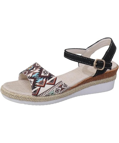 Fashion Sandals for Women Clear Ladies Summer Retro Colour Blocking Ethnic Style Thick Strap Sandals Women New Leather 7 Blac...