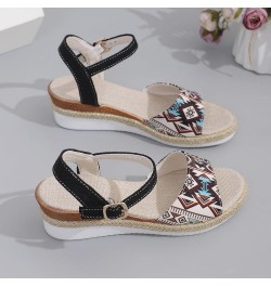 Fashion Sandals for Women Clear Ladies Summer Retro Colour Blocking Ethnic Style Thick Strap Sandals Women New Leather 7 Blac...