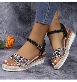 Fashion Sandals for Women Clear Ladies Summer Retro Colour Blocking Ethnic Style Thick Strap Sandals Women New Leather 7 Blac...