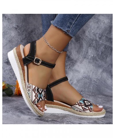 Fashion Sandals for Women Clear Ladies Summer Retro Colour Blocking Ethnic Style Thick Strap Sandals Women New Leather 7 Blac...