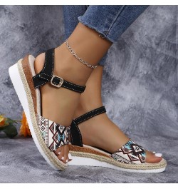 Fashion Sandals for Women Clear Ladies Summer Retro Colour Blocking Ethnic Style Thick Strap Sandals Women New Leather 7 Blac...