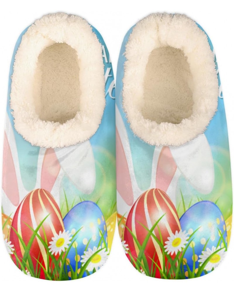 Easter Slippers for Women Men Rabbit Hiding Colored Eggs Indoor Non-Slip Slippers Soft Plush Comfy House Shoe for Bedroom Liv...