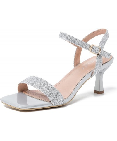 Women's Square Open Toe Ankle Strap Comfortable Kitten Heels Sandals Party Dress Wedding Dance Pumps Shoes Silver Glitter $18...