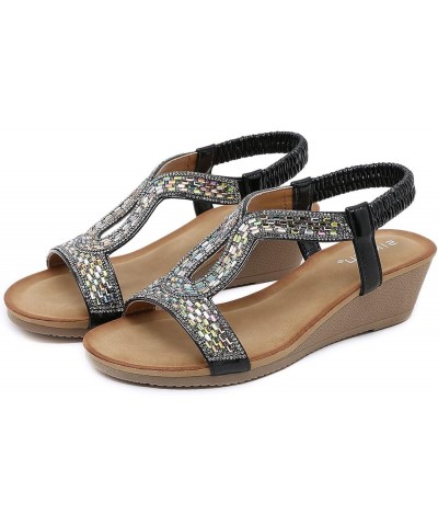 Platform Bohemia Flat Shoes, Sandals For Womens Studded Crystal Shoes Wedges Elastic Strap Roman Sandals Z 13-black $13.84 Sa...