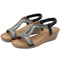 Platform Bohemia Flat Shoes, Sandals For Womens Studded Crystal Shoes Wedges Elastic Strap Roman Sandals Z 13-black $13.84 Sa...