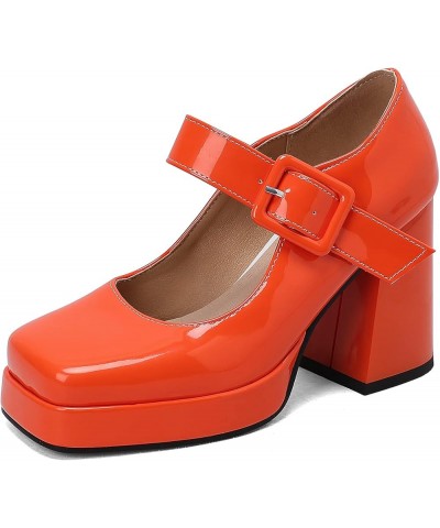 Women Square Toe Patent Chunky Heel Pumps Ankle Strap Orange $28.78 Pumps