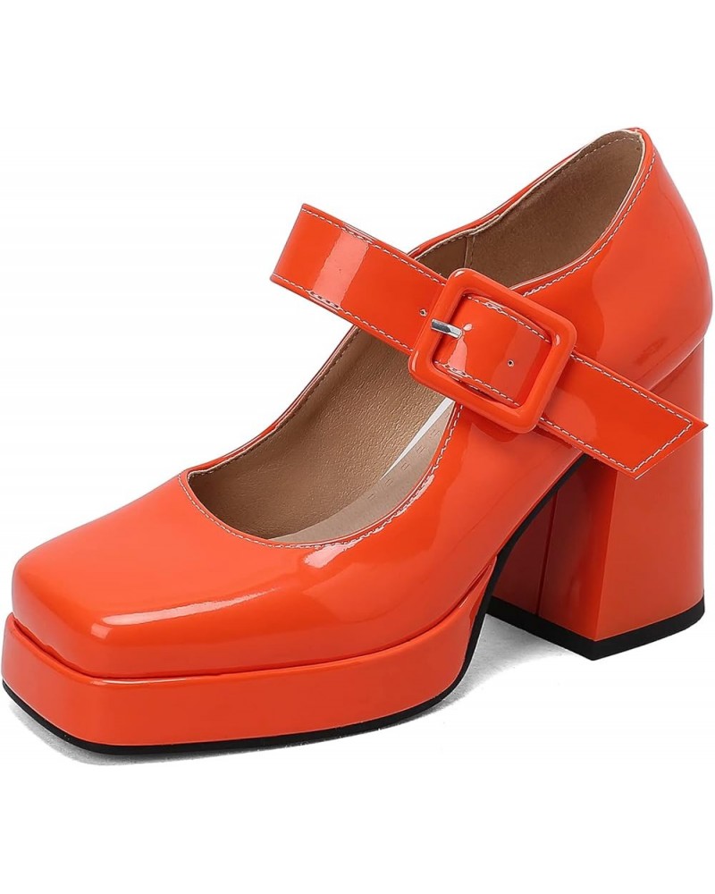 Women Square Toe Patent Chunky Heel Pumps Ankle Strap Orange $28.78 Pumps