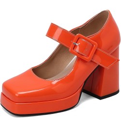 Women Square Toe Patent Chunky Heel Pumps Ankle Strap Orange $28.78 Pumps