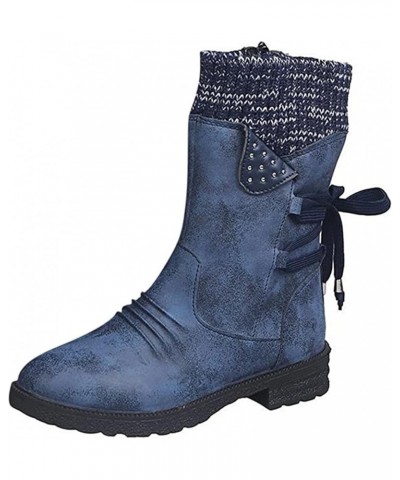 Boots For Women Low Heel Sexy Western Cowboy Pointed Toe Knee High Cowgirl Wide Calf Fashion Chunky Booties N-blue $22.25 Boots