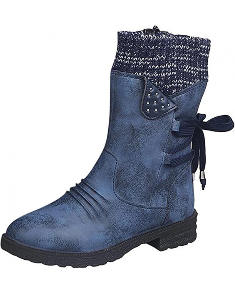 Boots For Women Low Heel Sexy Western Cowboy Pointed Toe Knee High Cowgirl Wide Calf Fashion Chunky Booties N-blue $22.25 Boots