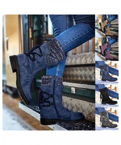 Boots For Women Low Heel Sexy Western Cowboy Pointed Toe Knee High Cowgirl Wide Calf Fashion Chunky Booties N-blue $22.25 Boots