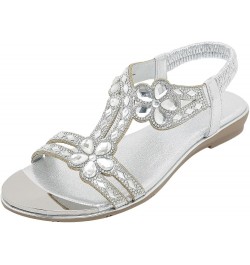 Women Summer Elastic Band Rhinestone Casual Open Toe Flat Soft Bottom Breathable Shoes Women's Slide Sandals Size 8 Silver $2...